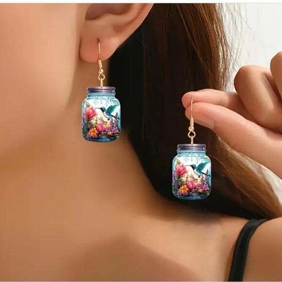 Hummingbird earrings garden flowers dangle acrylic new f2 - Picture 1 of 3